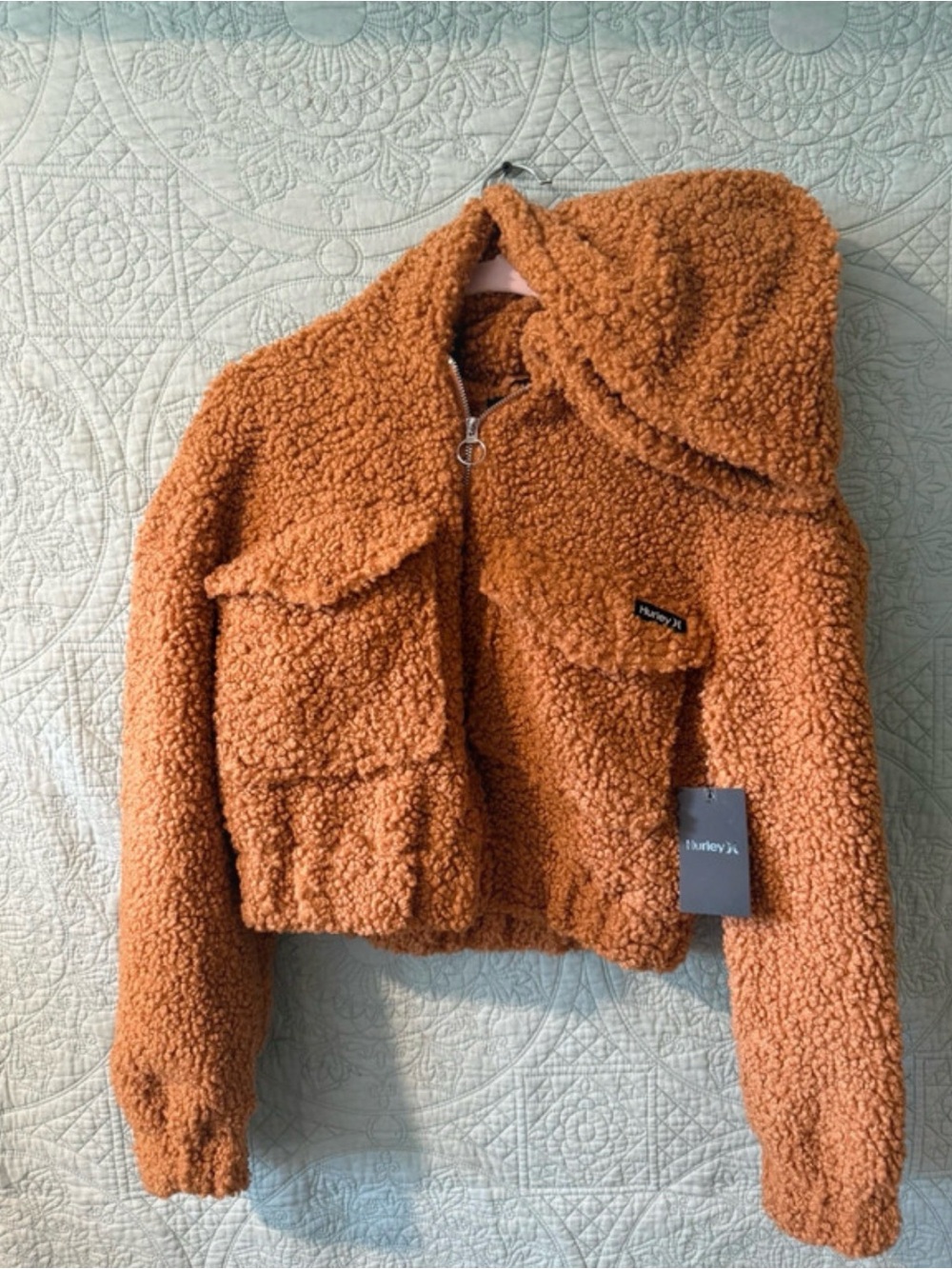 Hurley Cropped Teddy Sherpa Jacket in Rust Orange